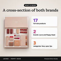 What is inside: 13 products, 2 brands, face, eyes and lips