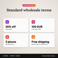 Wholesale terms after the pack: 25% off retail, 100 EUR minimum, 3 pieces per reference, free shipping EU and UK
